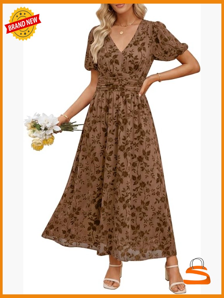 Floral Maxi Formal Dress Short Sleeve V-Neck Empire Waist Wedding Guest